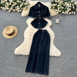 French Light-Cooked Wind Strap To Close Waist Short-Sleeved Cowboy Topess Female High-Waisted Fork Hip Skirt Summer Two-Sleeve