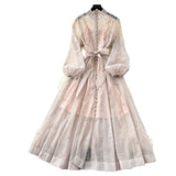 French Standing Collar Nails Drilled Full Of Star Buckle Lantern Sleeves Tied With Waist Temperament Dress Famous Party Dress Dress