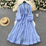 French Standing Collar Nails Drilled Full Of Star Buckle Lantern Sleeves Tied With Waist Temperament Dress Famous Party Dress Dress