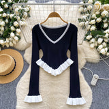 Clamming Striped Knitted Shirt Autumn Lotus Side Hem Horn Sleeves Slimmed Out Of The Bottom Coat