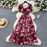French Famous Breeze Mashed Flowers Bubble Sleeves With Dress Women Summer Waist Repair Royal Sister Temperament Beautiful Long Dress