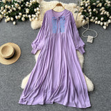 Heavy Industry Embroidery Loose Holiday Dress Women Large Size Show Lean Meat Sweet Tie With Round Lantern Sleeve Dress