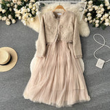 Autumn And Winter Small Fragrant Style Set Of Women's Short Cardigan Coat + Sling Net Yarn Dress Two Sets