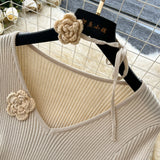 Atmosphere Temperament Three-Dimensional Flowers V-Neck Long-Sleeved Dress Women Slim Thin Inside Sweater Skirt Autumn And Winter New