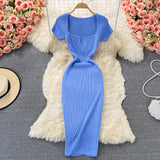 Tight-Up Thin Collar Knitted Dress Short Sleeve 2025 Summer New Temperament Sexy Hot Ass Long Skirt