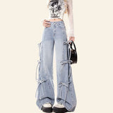 Butterfly Tie Jeans Women Autumn New Retro Loose Broad Legs Drag Long Pants Ins