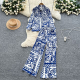 Lightly Familiar Wind Wearing A Female Fashionable Loose-Fitting Long-Sleeved Printed Shirt + High-Waisted Casual Broad-Legged Trousers Set