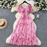 French Famous Breeze Mashed Flowers Bubble Sleeves With Dress Women Summer Waist Repair Royal Sister Temperament Beautiful Long Dress