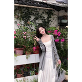 French Gentle Wind Wearing Gray Long-Sleeved Knitted Cardigan Dress Suit For Women's Autumn Slings