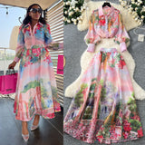 Cpro Actress High-End Printing Set Female Lantern Sleeve Buckle Shirt + High Waist Swing Half Body Skirt