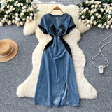 Vintage Elegant Denim Dress Woman 2025 Summer High-End Heavy Industry Diamond Embroidery Waist V-Neck Short-Sleeved Long Dress