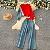 Fashion Denim Set Female Retro Casual Color Long-Sleeved Sweater Denim Spliced Broad Leg Pants Two Sets