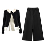 Korean High-Grade Black Knitted Cardigan Doll Collar Bottom Shirt Jersey Trousers Three-Piece Set