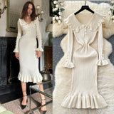 Autumn New Retro Bumpy Dolls To Receive Waist Knitted Dress Female Elastic Temperament Lotus Leafy Dress