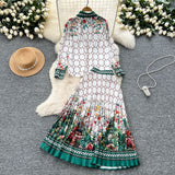 Fashion Suit Female Retro Color Print Bran Long-Sleeved Shirt + High-Waist A Word Half-Dress Skirt