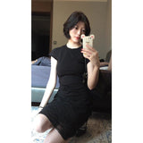 Black Niche High-End Set Women's 2025 Summer Body-Repair Short-Sleeved Blouse Mesh Lattice Half-Dressed