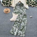 Lightly Familiar Wind Wearing A Female Fashionable Loose-Fitting Long-Sleeved Printed Shirt + High-Waisted Casual Broad-Legged Trousers Set