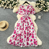 2025 Summer Dress New Female High-End Feel Strapped Belt V Collar Horn Sleeves Thin Temperament Print Chiffon Dress