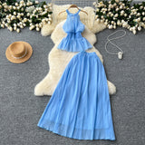 Holiday Style Suit Women's Summer French Waistless Sleeveless Hanging Neck Top High Waist Thin Half Skirt Two-Set