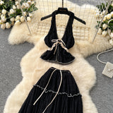 Pure-Want Holiday Suit Female Summer Sexy Hanging Neck V Neck Bare Back Chiffon Top High Waist Half Skirt Suit