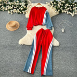 Fashion Denim Set Female Retro Casual Color Long-Sleeved Sweater Denim Spliced Broad Leg Pants Two Sets