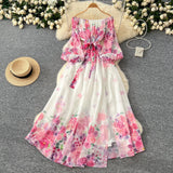 Early Spring Holiday Style Dress Woman 2025 New Shoulder Strapped Belt Waist Lantern Sleeve Print Chiffon Long Skirt
