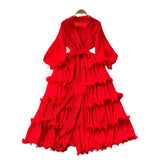 2025 New Elegant Dress Spring Dress High-End Retro Collar Lantern Sleeves To Close Waist Lotus Leaves Side Pressure Skirt Dress Woman