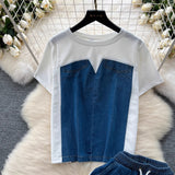 Chic Hong Kong-Flavored Suit Female Design Sense Short-Sleeved T-Shirt Spliced Denim Jacket + High-Waisted Casual Straight Pants Two-Sleeve
