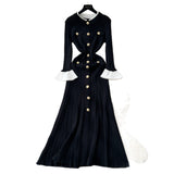 French Small Fragrant Wind Bumpy Round Collar Horn Sleeve Single Buckle Waist Knitted Dress Women Autumn Body Sweater Dress