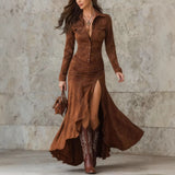 2025 Autumn Long Dress Long Sleeve V-Neck Layered Lotle Leaves By The A-Line Cocktail Party