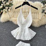 White Holiday Set Women In Summer Pure Want To Close Waist Hanging Neck Lace Splicing Sling Vest Fairy Chiffon Half-Body Skirt