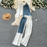 Hong Kong Flavor Casual Suit Female Fashion Design Stitching Fake Two Hooded Jacket High-Waisted Cowboy Splicing Wide Leg Pants