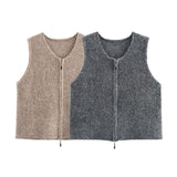 Round Collar Double Zipper Knitted Vest Vest 2025 Spring Loose Short Sweater Cardigan Woman