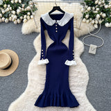 French Retro Doll Collar Horn Sleeve Dress Women Autumn Waist Thin Temperament Knitted Dress