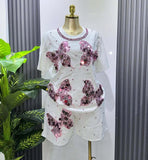 Fashion Set European Dress Design Butterfly Set Drill Short Sleeve T-Shirt Blouse Woman + Tight Waist Broad Leg Shorts Two Sets